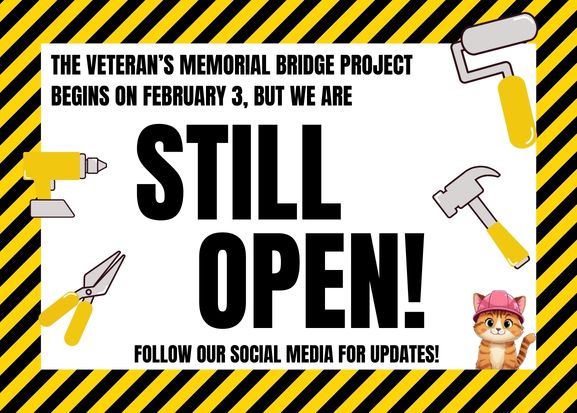 Yellow & black construction tape border with yellow handled tools and a cat with a pink hard hat