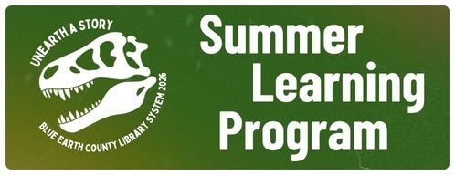 White dinosaur skull and words on a green background 