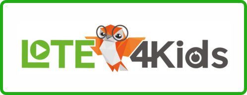 LOTE4Kids logo. Green and black lettering and an orange owl with glasses